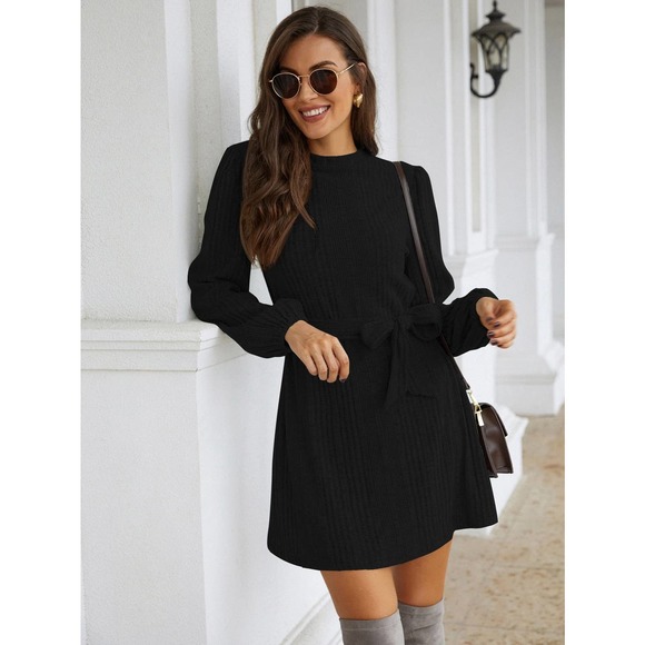 . Dresses & Skirts - Long sleeve Bishop Sleeve Belted Tee Dress Black
